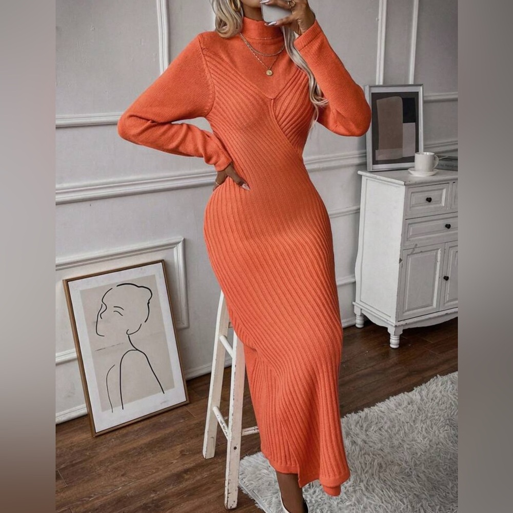 Solid Ribbed Knit Asymmetrical Hem Sweater Dress